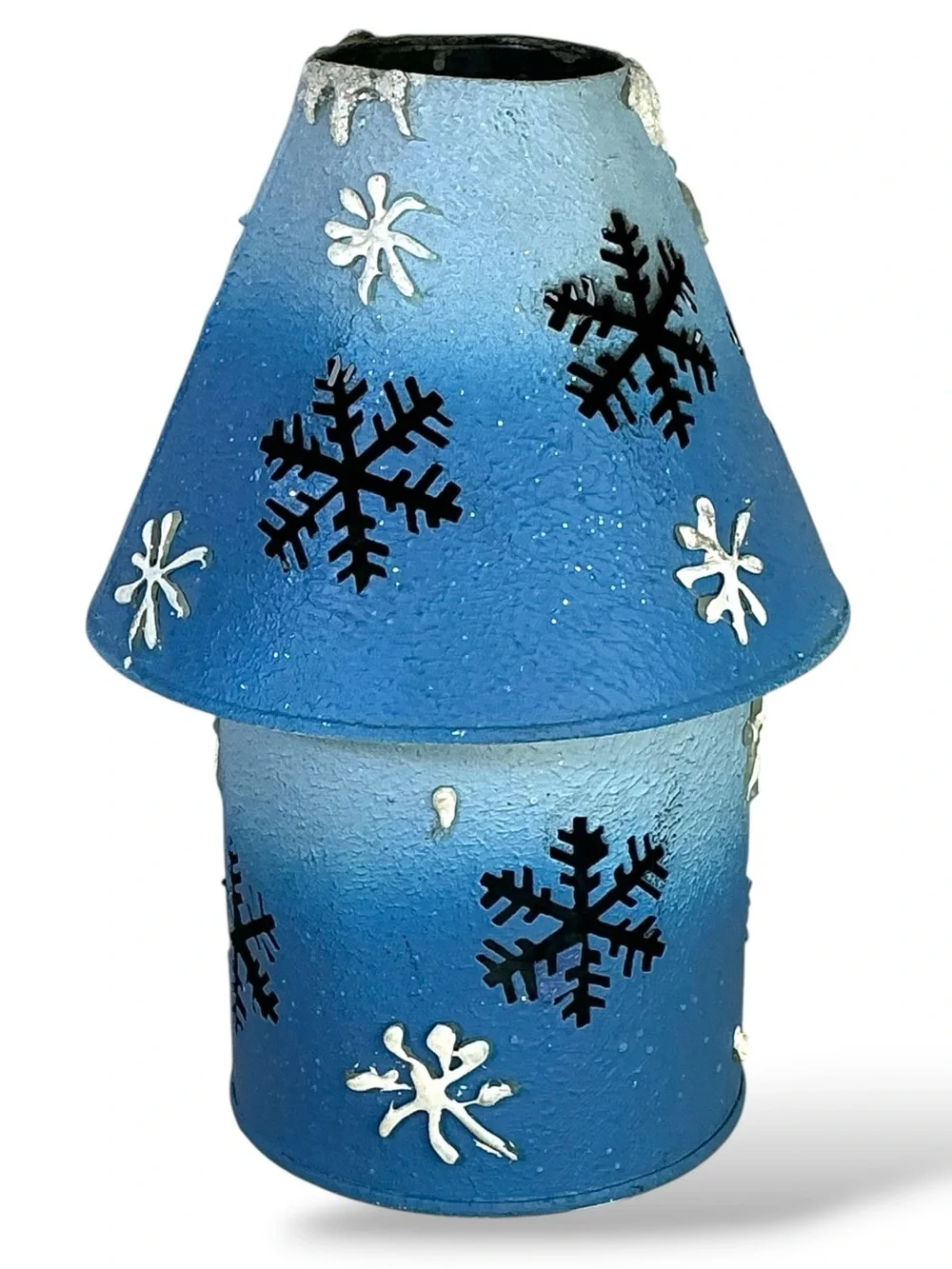 Metal Candle Holder Jar Lamp Shade Winter Holiday Table Decor Blue Vintage 1990